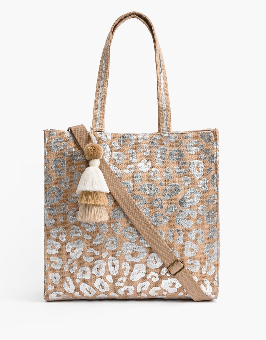 Women Beach Bunny Bags | Leopard Handwoven Jute Brown Tote With Tassel By America & Beyond